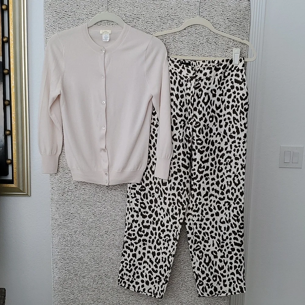 Banana Republic cheetah print pant paired with J Crew cashmere cardigwn